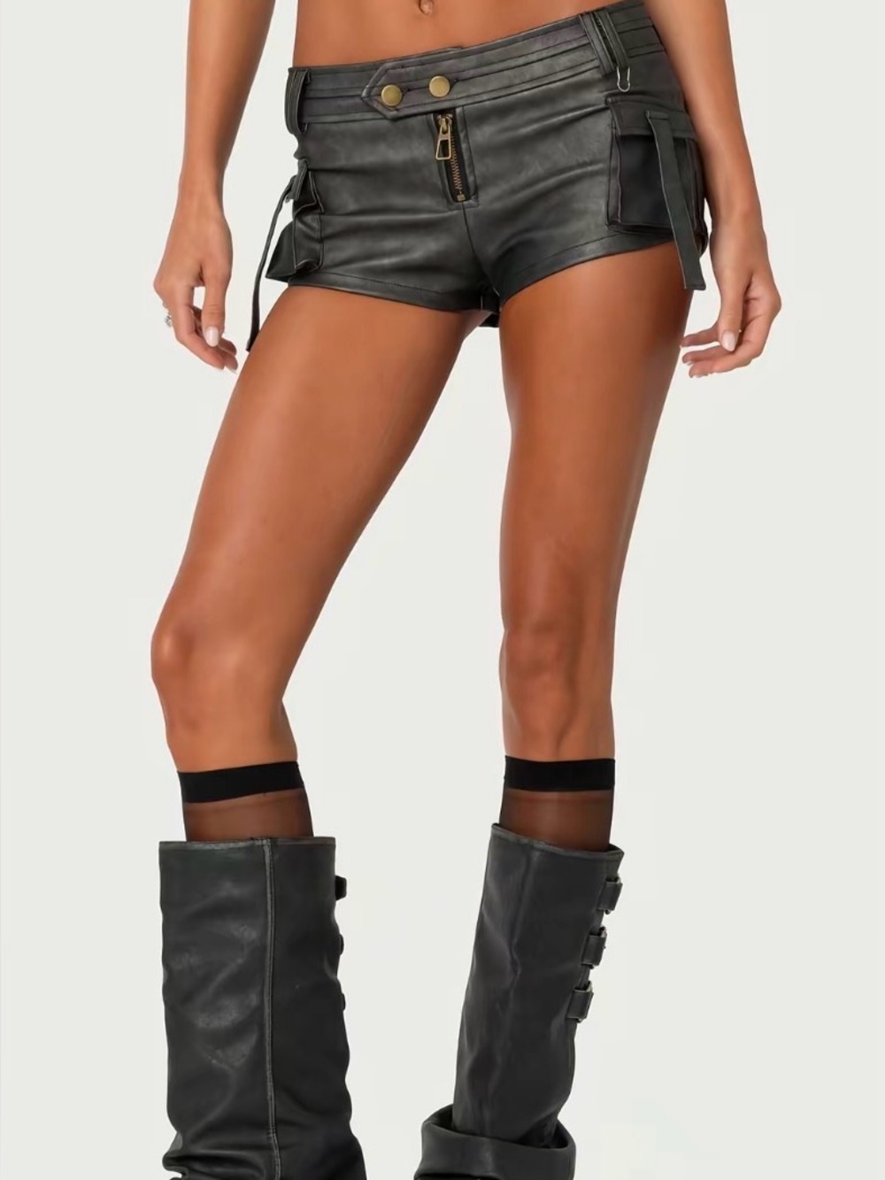 EDIKTED Black Faux Leather Micro Cargo Shorts Y2K Size S